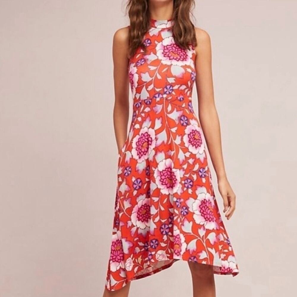 Anthropologie Maeve Cleary Mock Neck Midi Dress Orange Floral Small